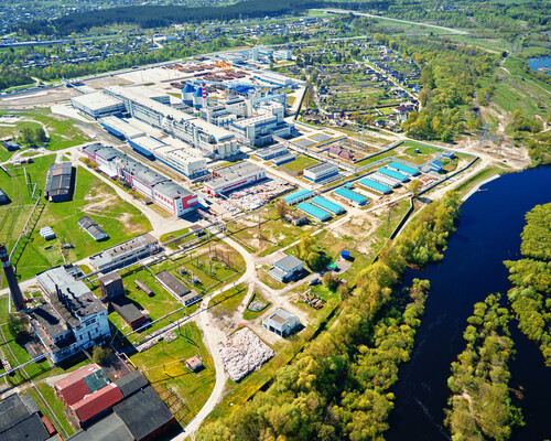 An aerial view of a paper mill